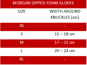 Dipped Foam Gloves Sizes